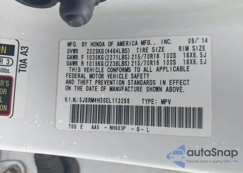 2014 Honda Cr-V Lx z USA, uszkodzony, nr VIN 5J6RM4H30EL113299